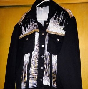 NEW WOMAN'S CUSTOM UPCYCLED DENIM JACKET FRINGE & GOLD BLING TRIM *BLACK SZ 4X